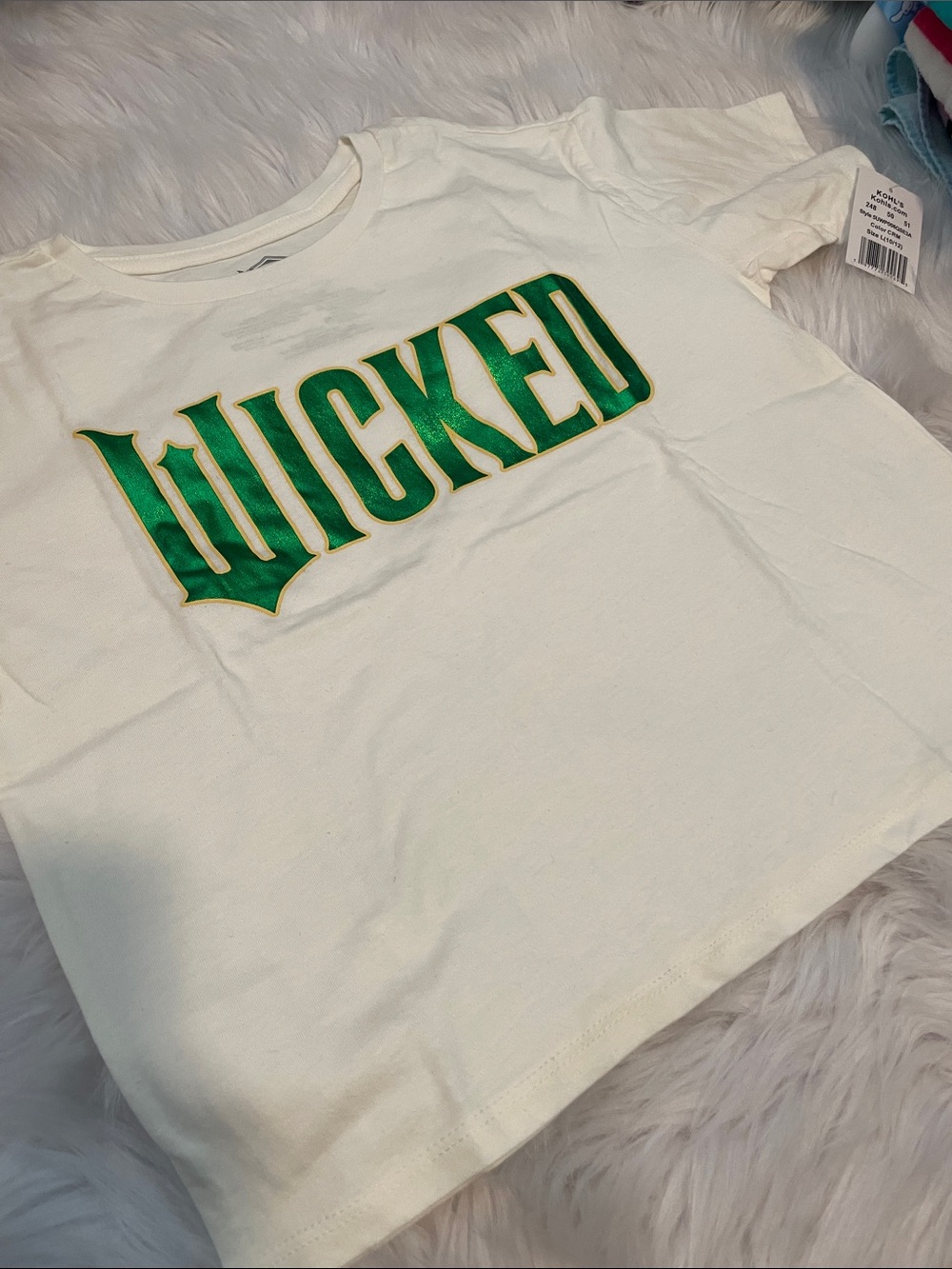 Kids White 'WICKED' Graphic Tee with Green and Gold Lettering